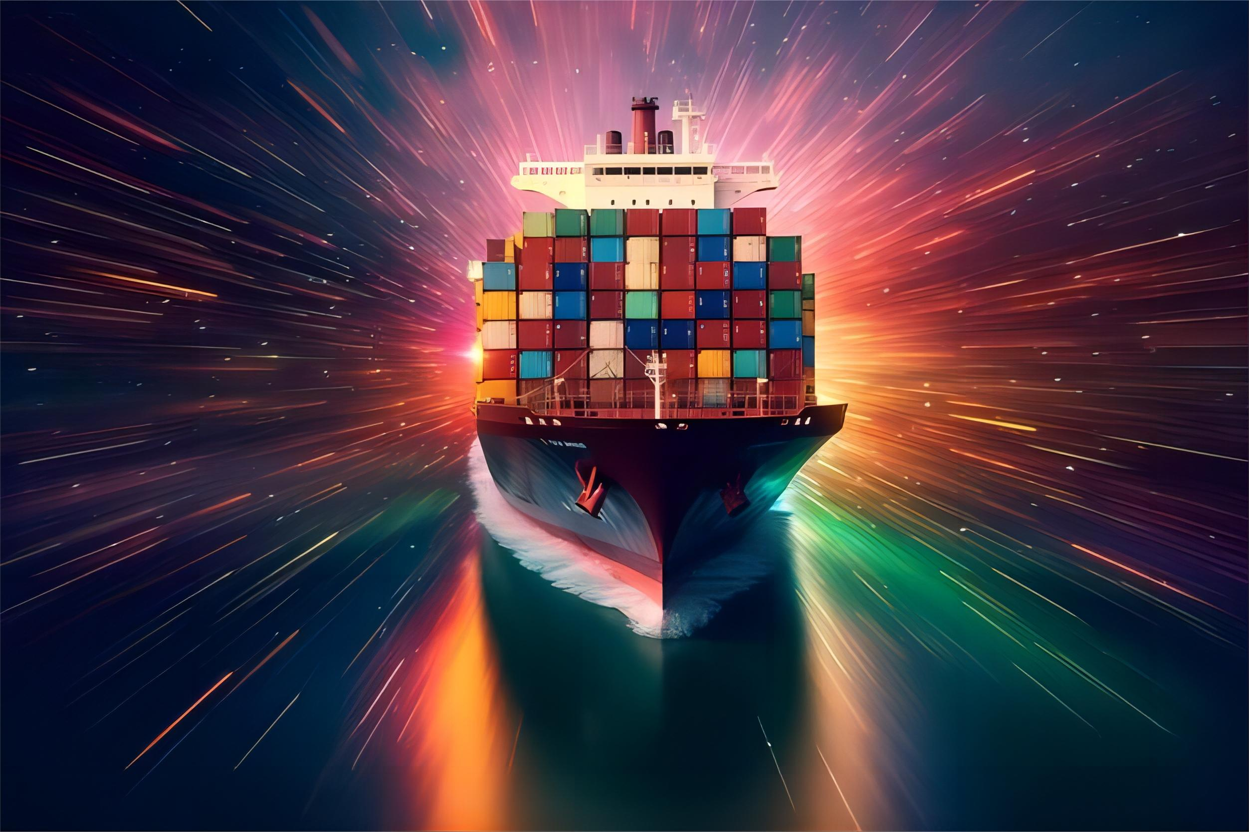 Container ship at sea representing international trade and freight services