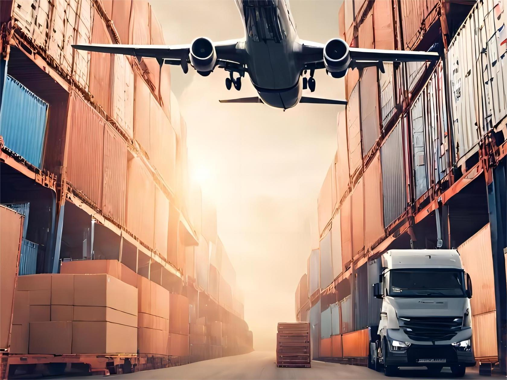 Modern cargo ship and logistics warehouse representing door to door services